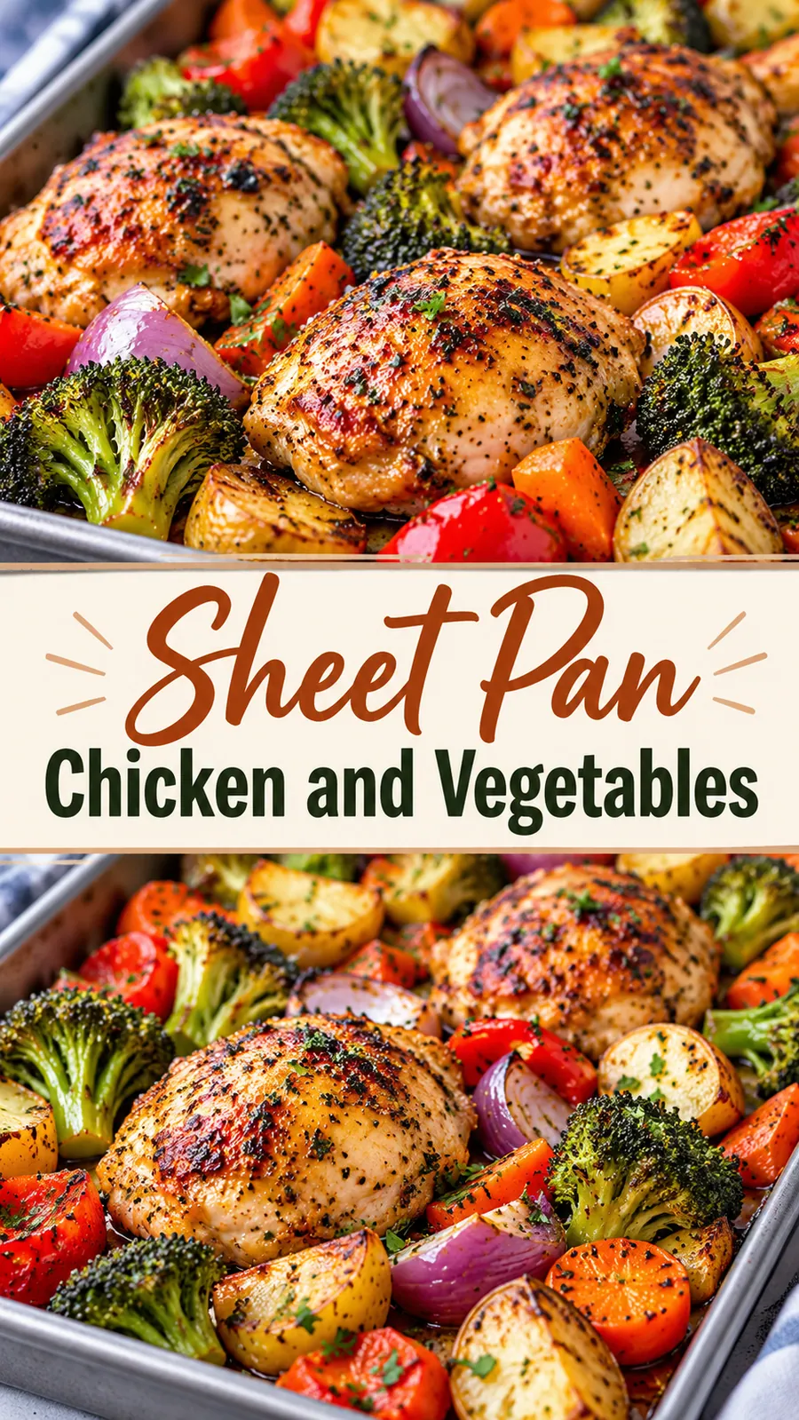 Pinterest image for Sheet Pan Chicken and Vegetables, with two photos of the recipe
