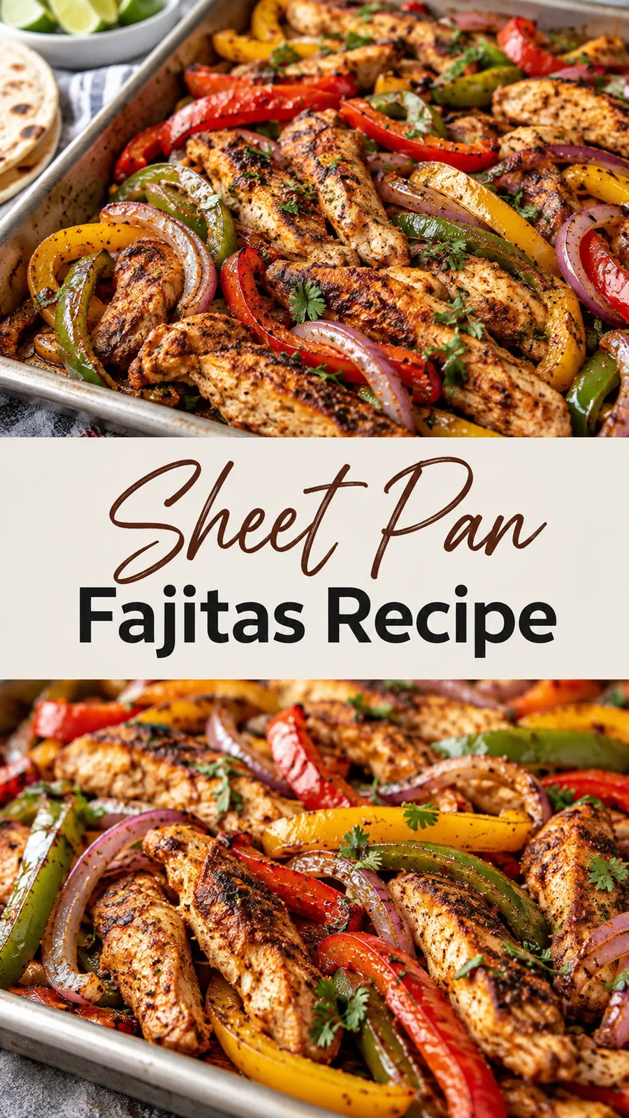 Pinterest image for Sheet Pan Fajitas Recipe, with two photos of the recipe
