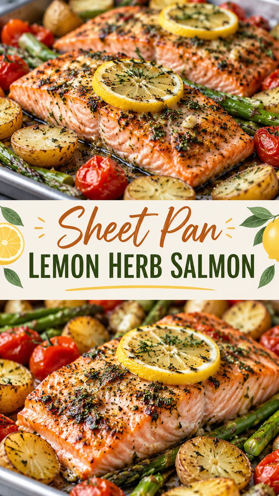 Pinterest image for Sheet Pan Lemon Herb Salmon, with two photos of the recipe