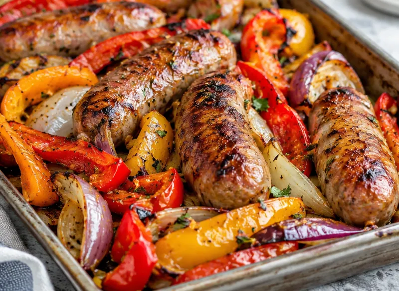 Sheet Pan Sausage and Peppers Recipe, ready to serve