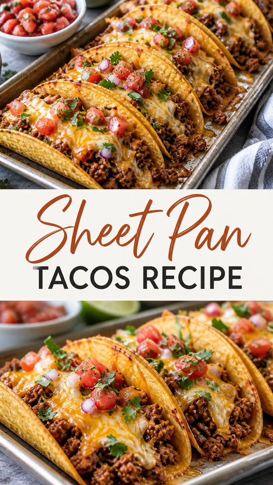Pinterest image for Sheet Pan Tacos Recipe, with two photos of the recipe