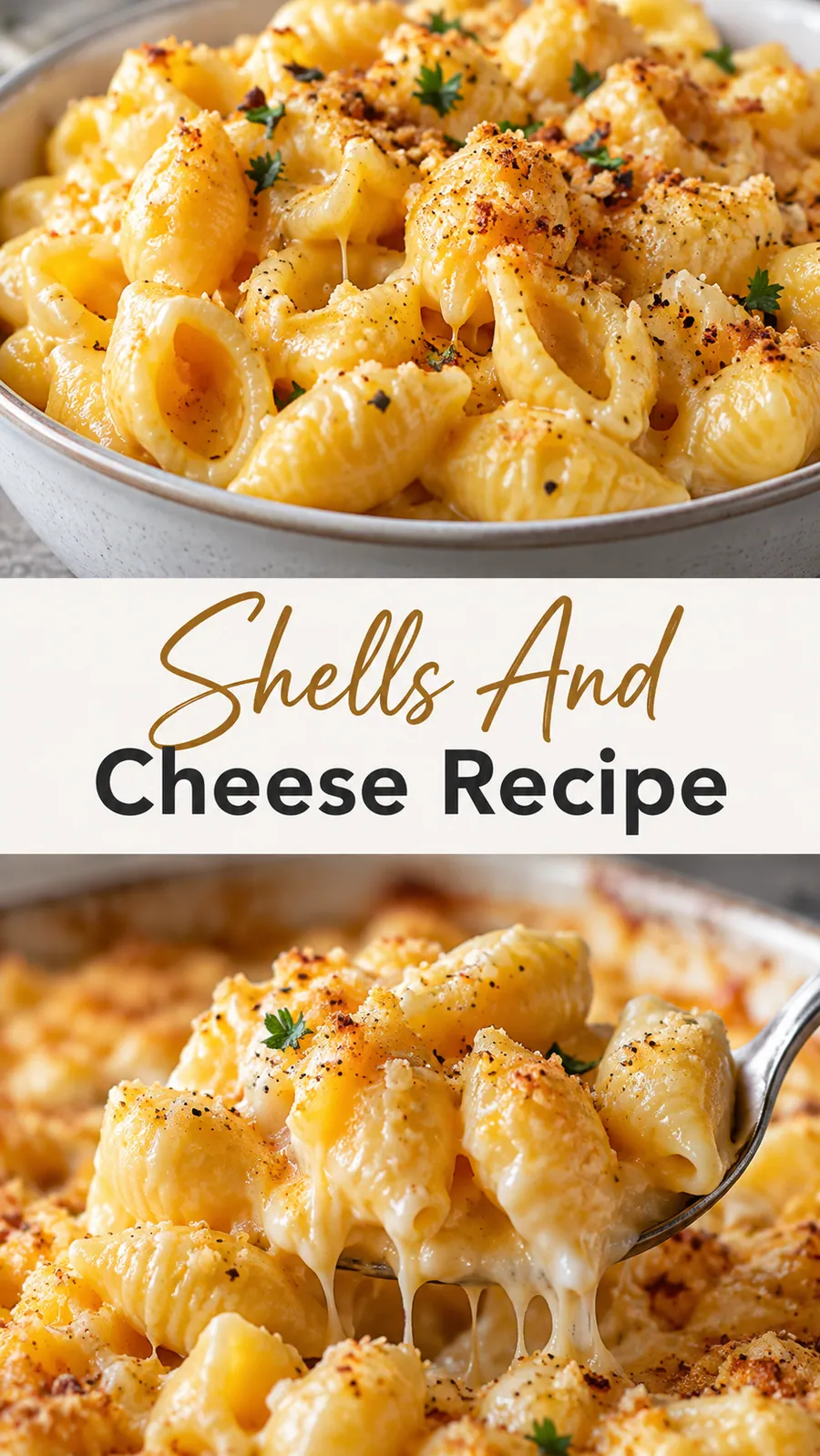 Pinterest image for Shells And Cheese Recipe, with two photos of the recipe