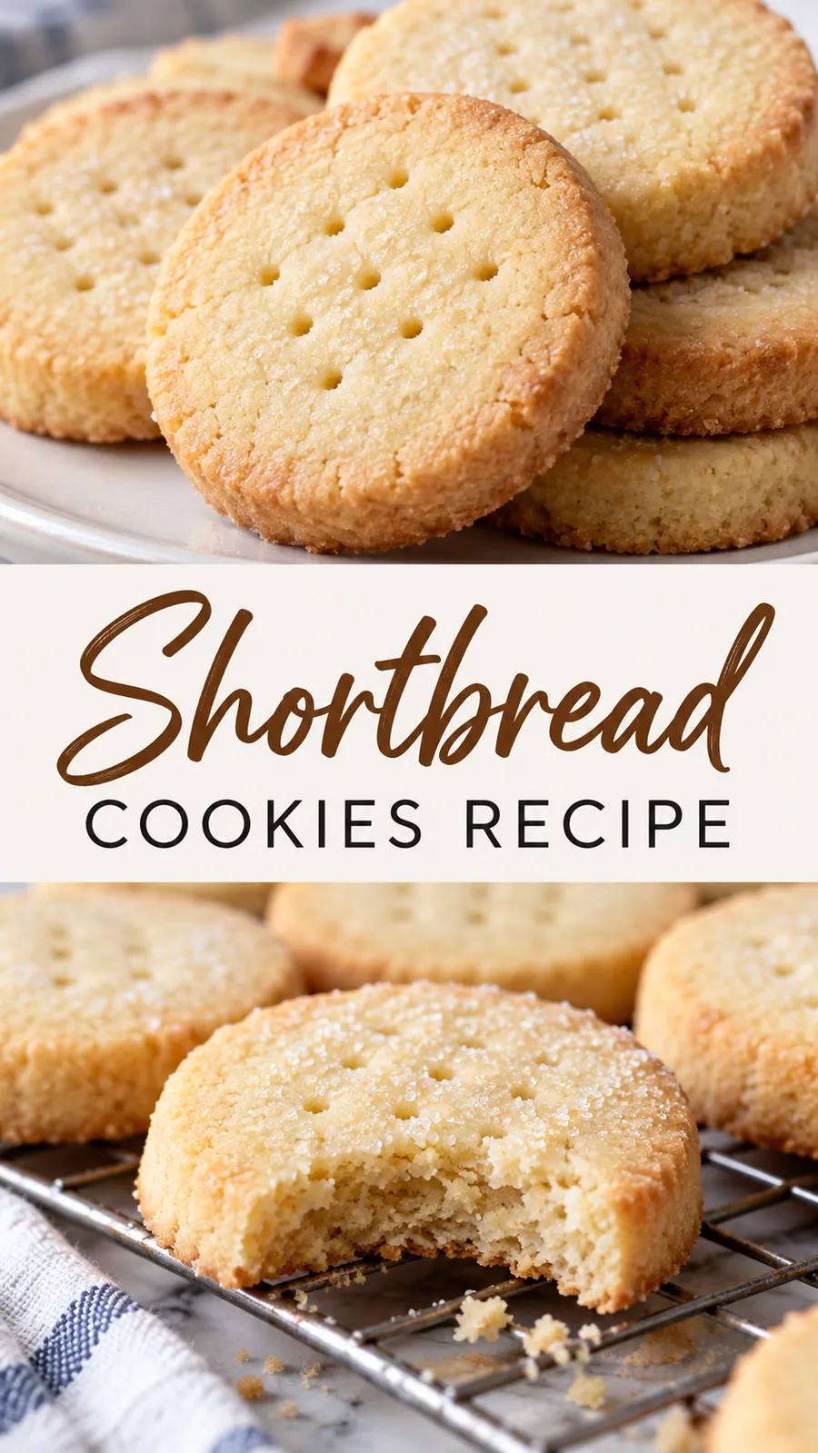 Pinterest image for Shortbread Cookies Recipe, with two photos of the recipe
