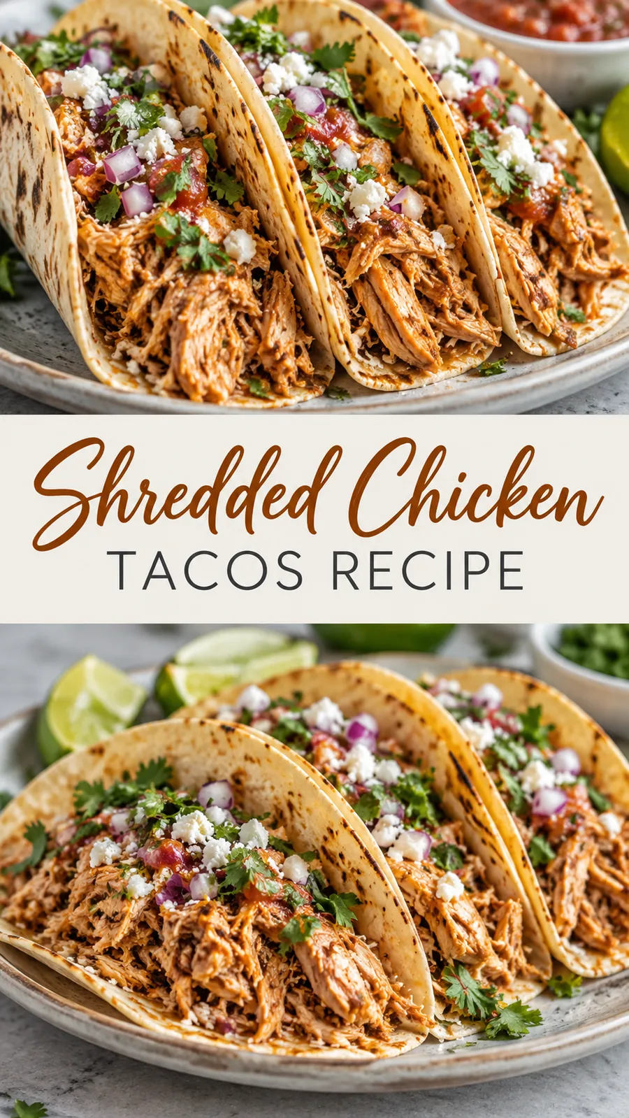 Pinterest image for Shredded Chicken Tacos Recipe, with two photos of the recipe