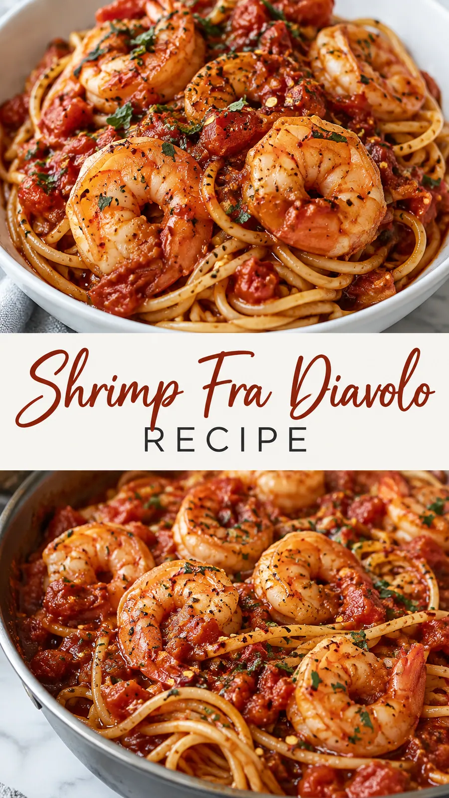 Pinterest image for Shrimp Fra Diavolo Recipe, with two photos of the recipe