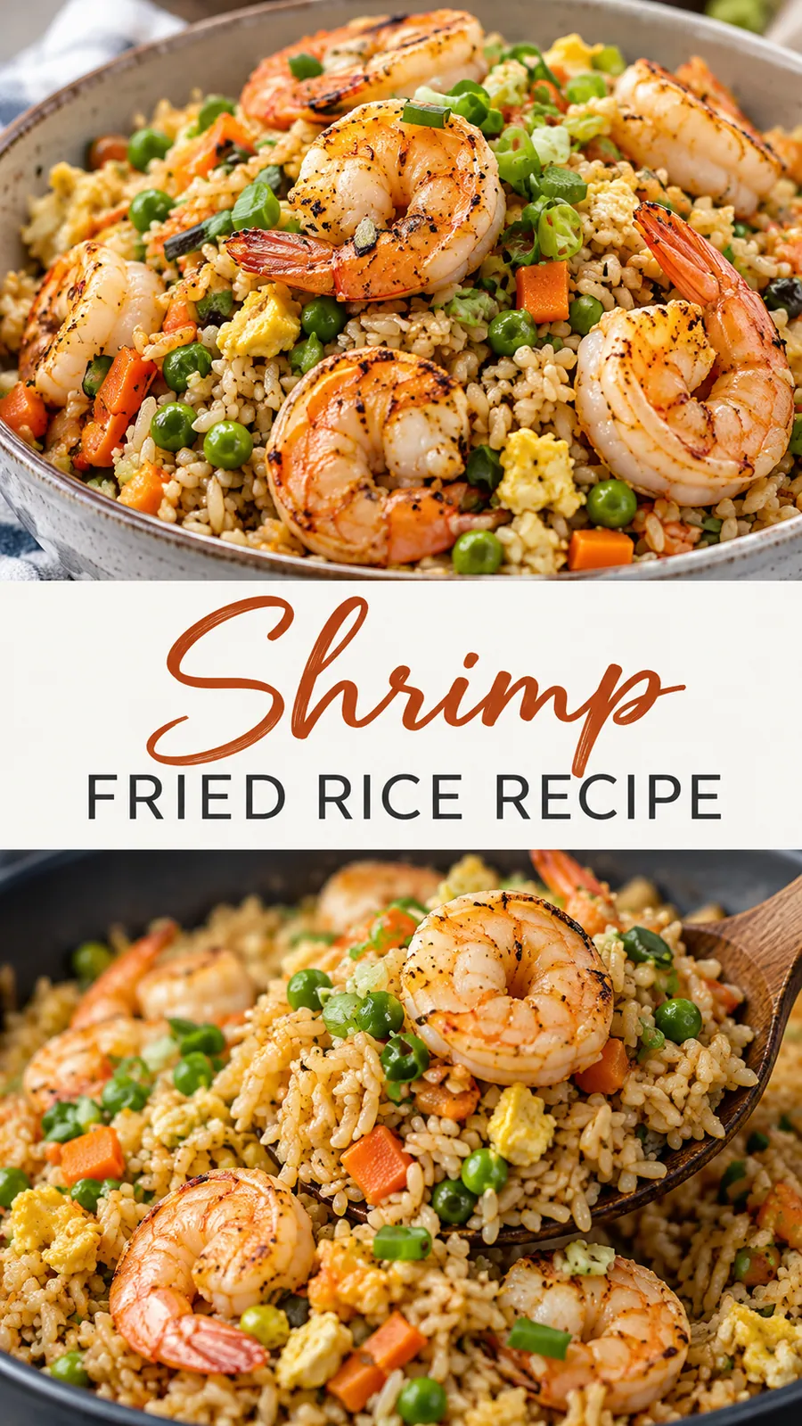 Pinterest image for Shrimp Fried Rice Recipe, with two photos of the recipe
