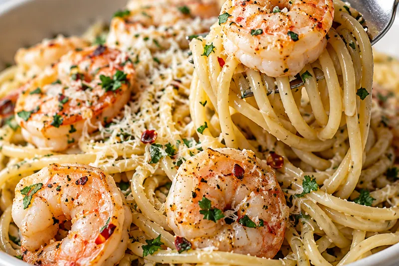 Garlic Butter Lemon Shrimp Pasta, ready to serve