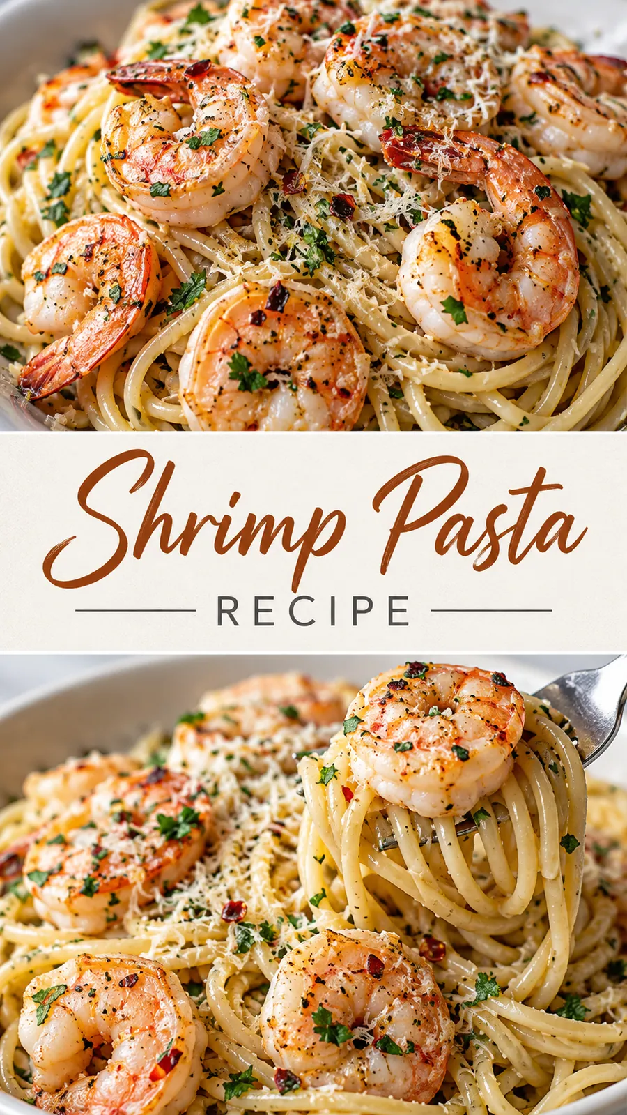 Pinterest image for Shrimp Pasta Recipe, with two photos of the recipe