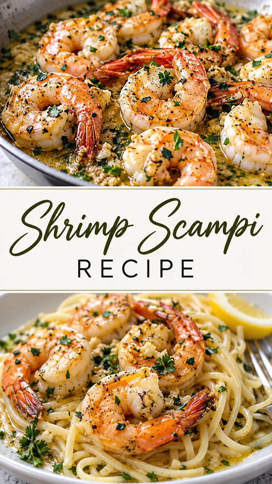 Pinterest image for Shrimp Scampi Recipe, with two photos of the recipe
