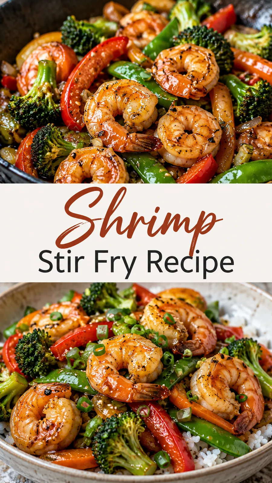 Pinterest image for Shrimp Stir Fry Recipe, with two photos of the recipe