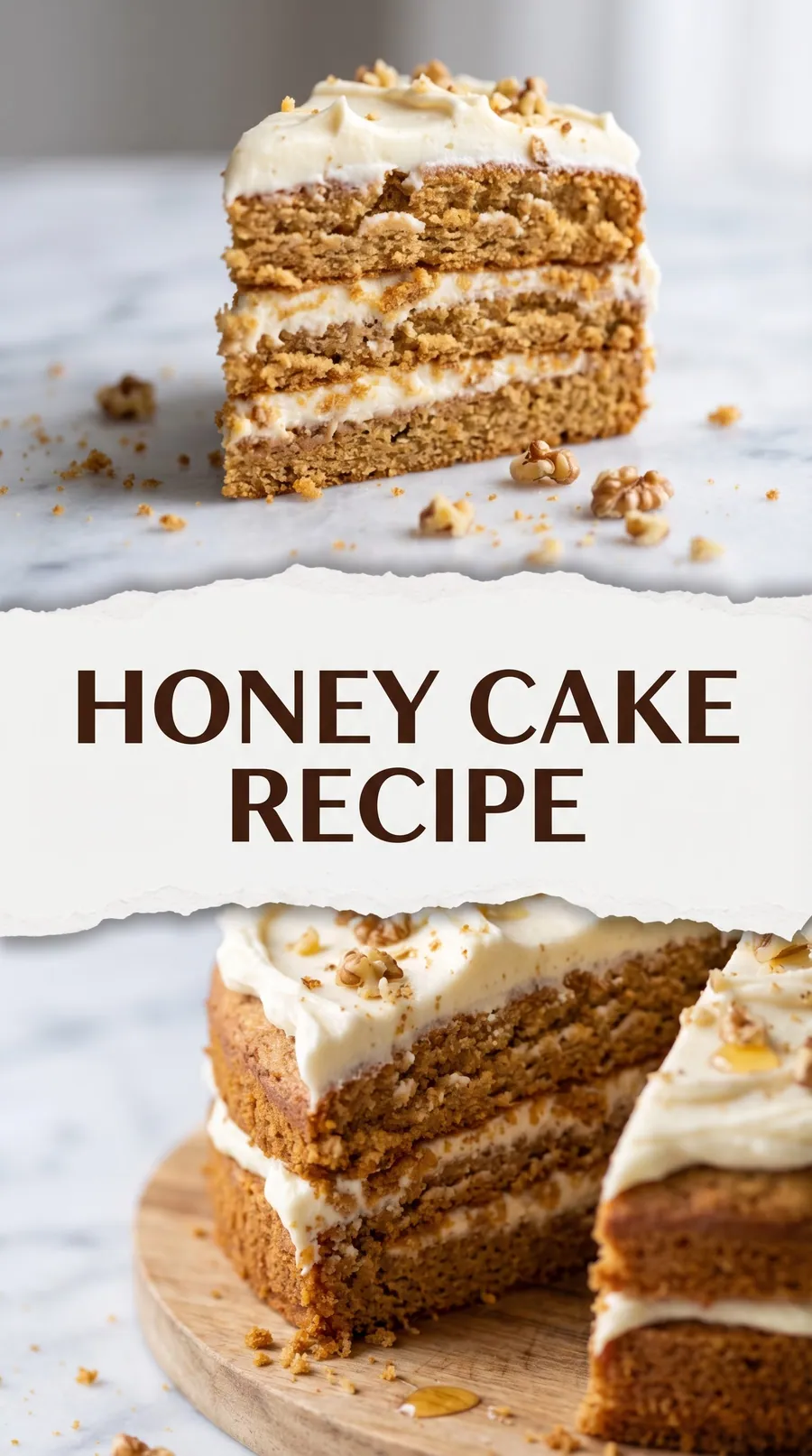 Pinterest image for Silky and Soft Honey Cake Recipe, with two photos of the recipe