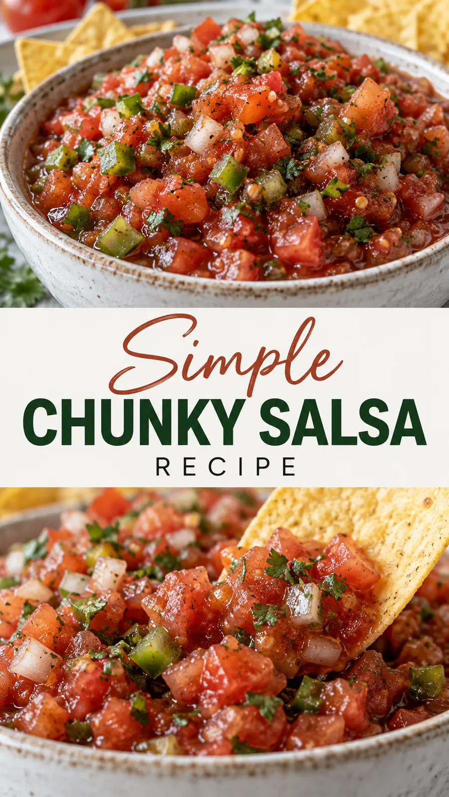 Pinterest image for Simple Chunky Salsa Recipe, with two photos of the recipe