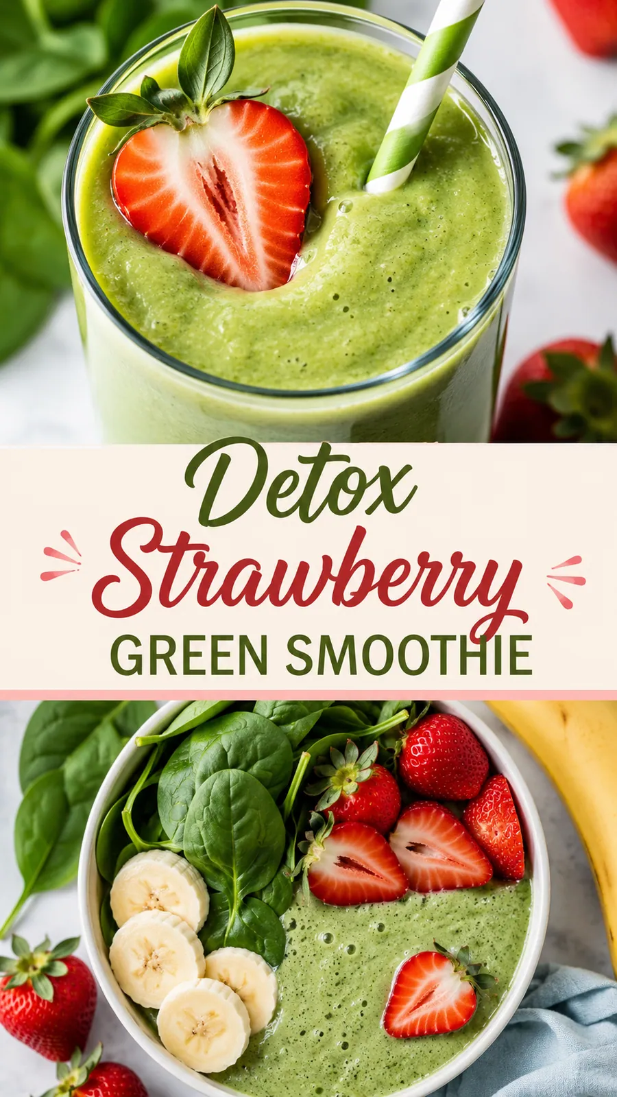 Pinterest image for Simple Detox Strawberry Green Smoothie Recipe, with two photos of the recipe