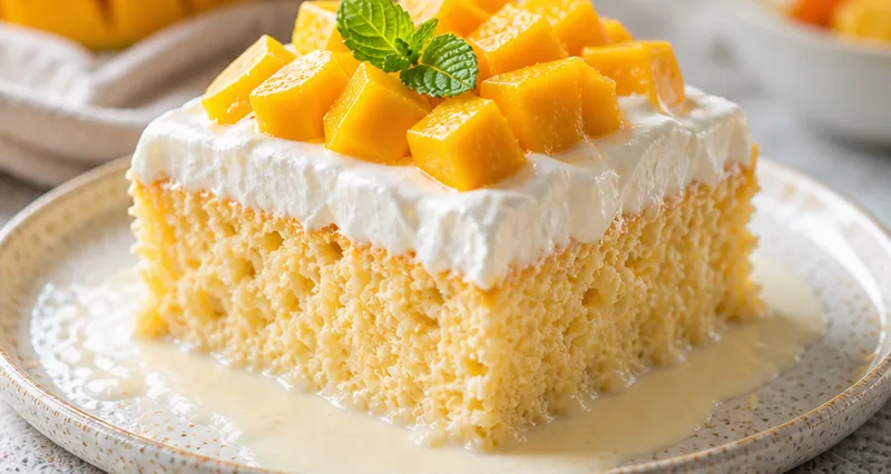 Mango Tres Leches Cake, ready to serve