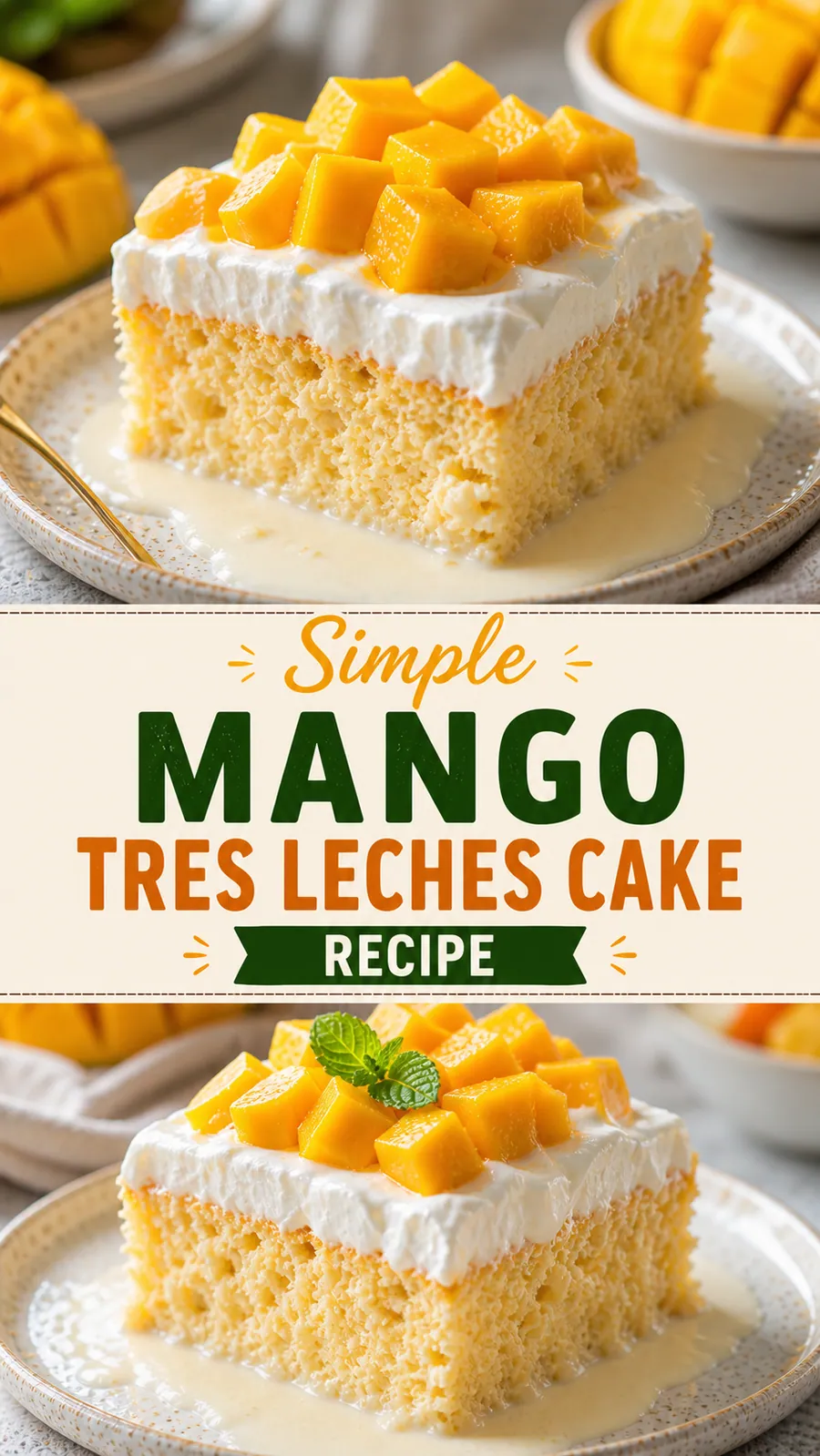 Pinterest image for Simple Mango Tres Leches Cake Recipe, with two photos of the recipe