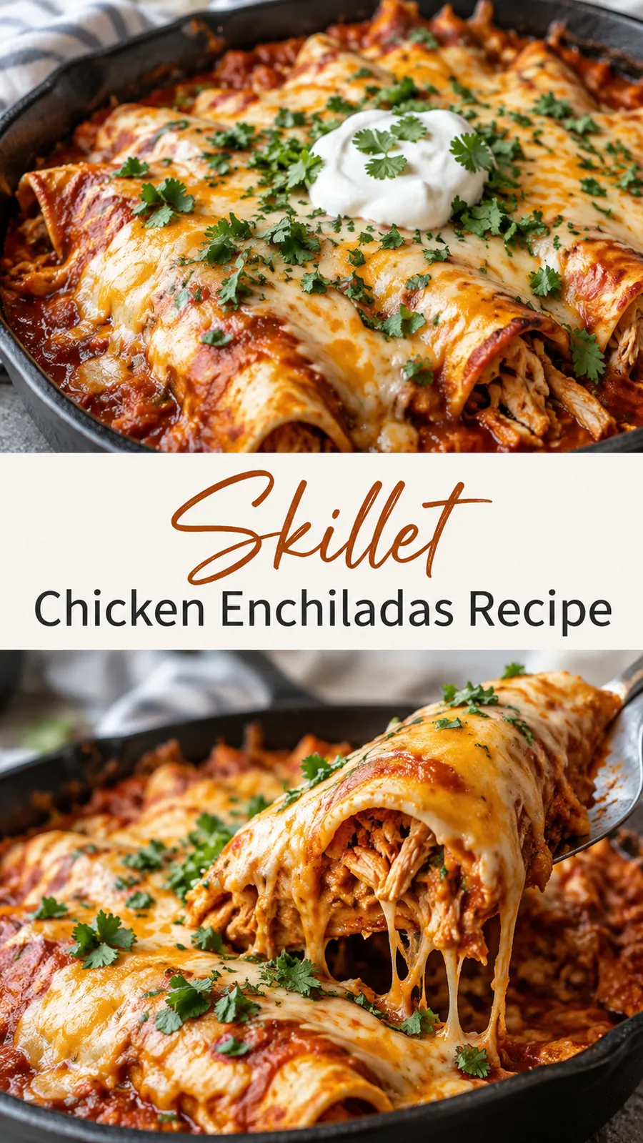 Pinterest image for Skillet Chicken Enchiladas Recipe, with two photos of the recipe