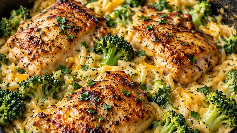 Skillet Chicken Thighs with Broccoli Cheddar Orzo