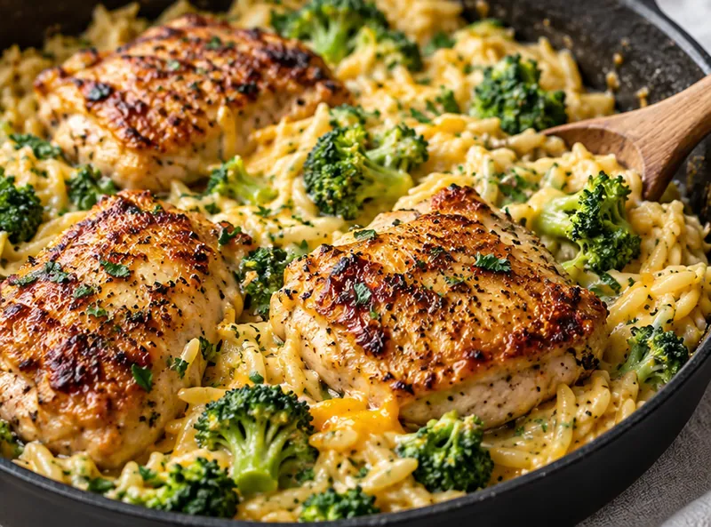 Skillet Chicken Thighs with Broccoli Cheddar Orzo, ready to serve