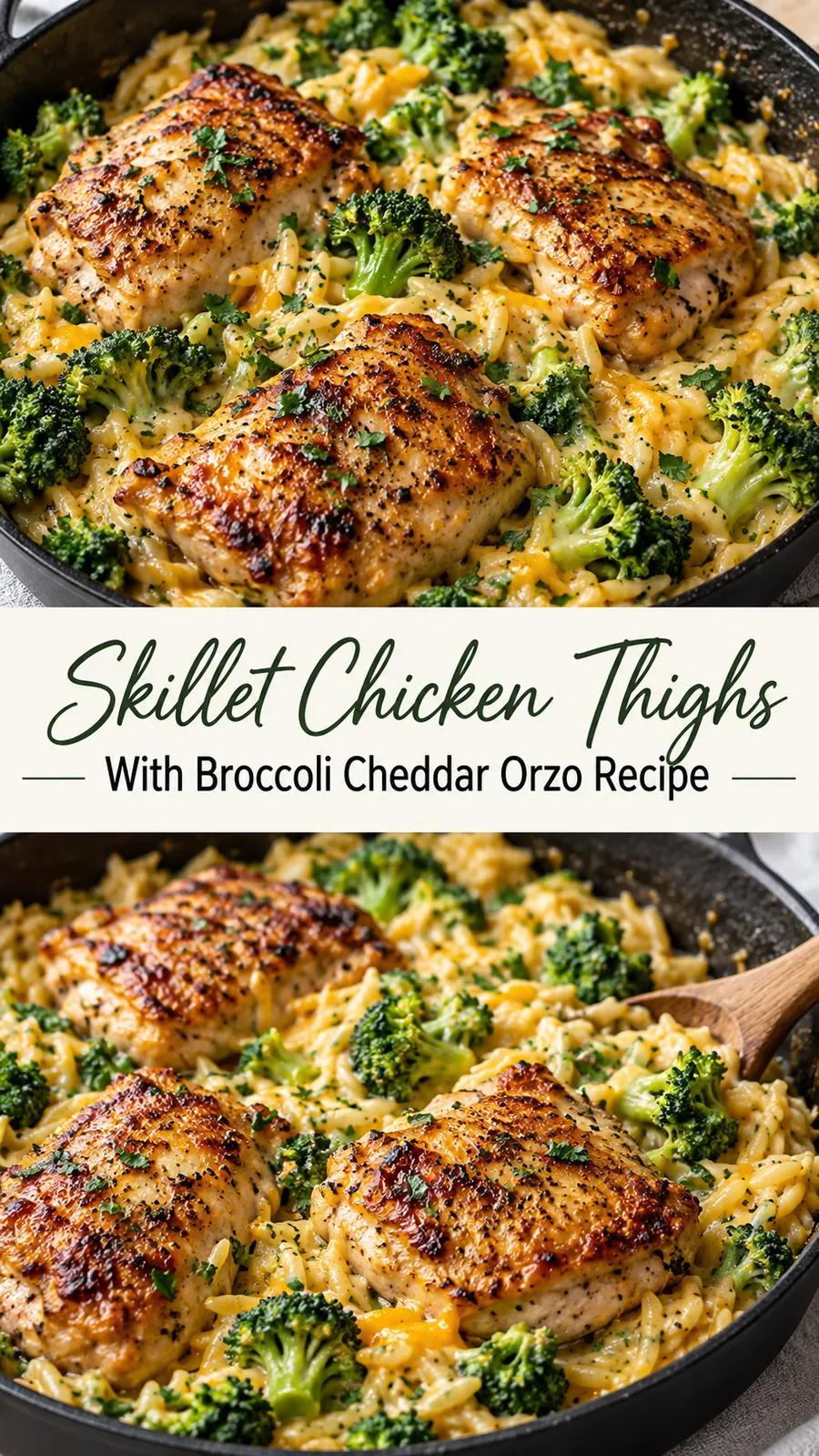 Pinterest image for Skillet Chicken Thighs With Broccoli Cheddar Orzo Recipe, with two photos of the recipe