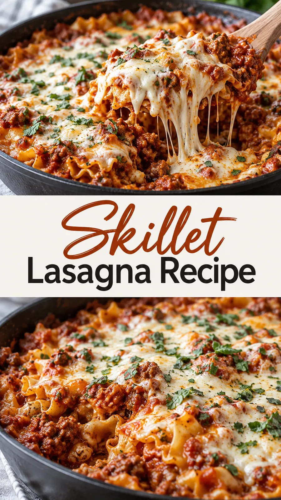 Pinterest image for Skillet Lasagna Recipe, with two photos of the recipe