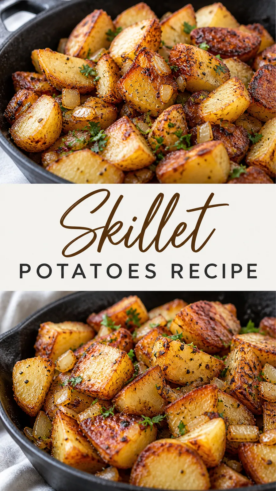 Pinterest image for Skillet Potatoes Recipe, with two photos of the recipe