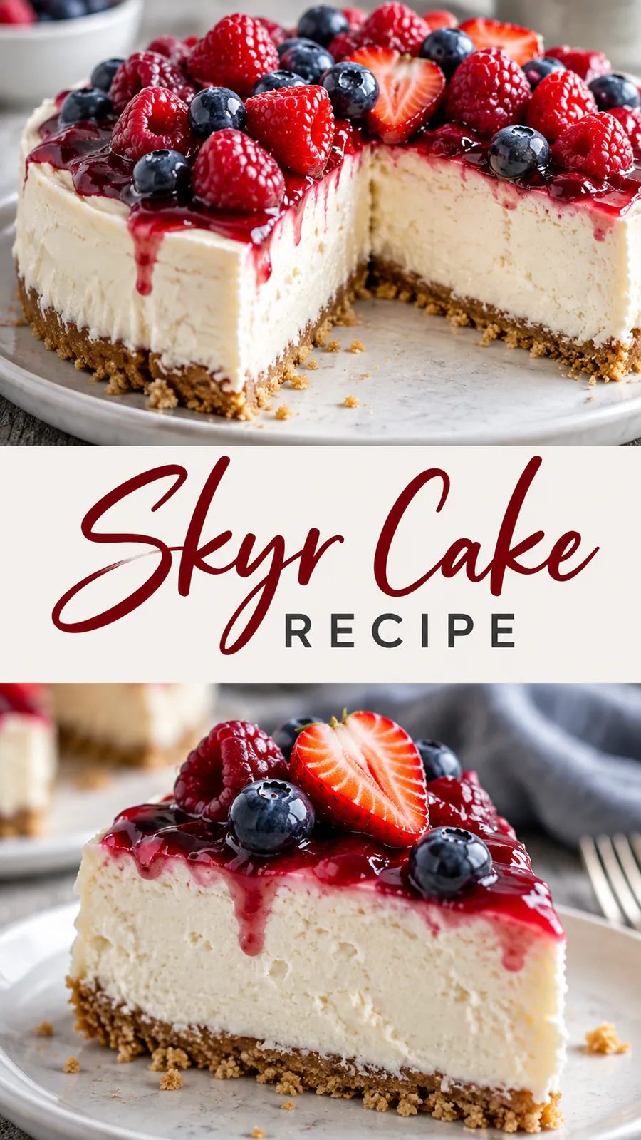 Pinterest image for Skyr Cake Recipe, with two photos of the recipe