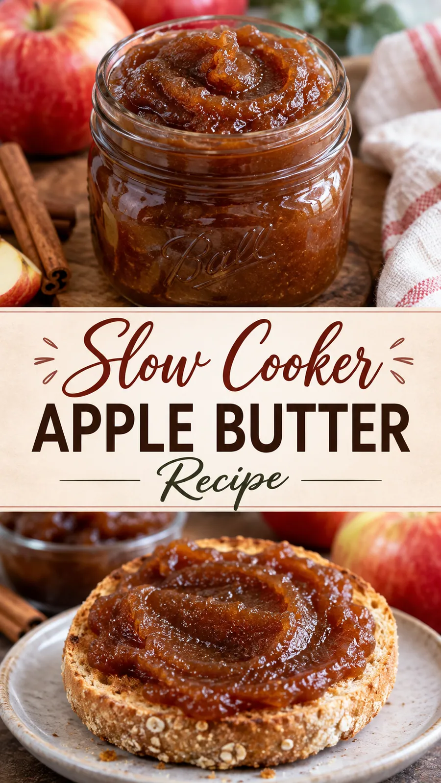 Pinterest image for Slow Cooker Apple Butter Recipe, with two photos of the recipe