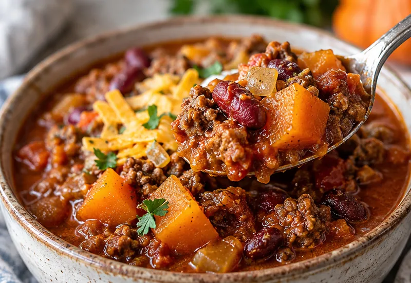 Slow Cooker Beef and Pumpkin Chili, ready to serve