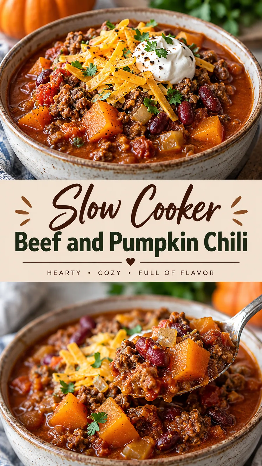 Pinterest image for Slow Cooker Beef and Pumpkin Chili, with two photos of the recipe