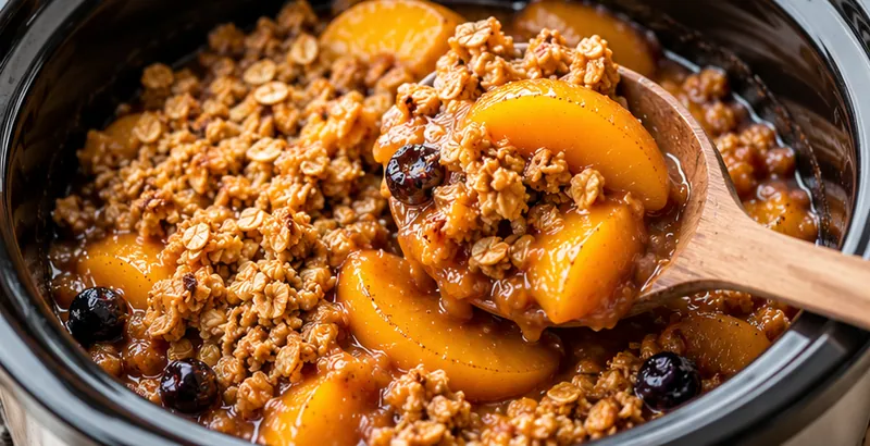 Slow Cooker Peach Crisp, ready to serve