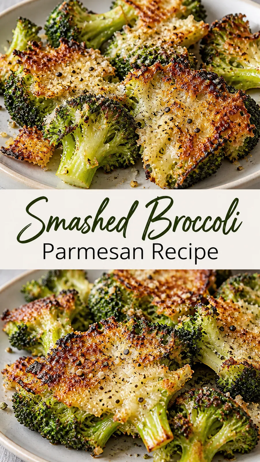 Pinterest image for Smashed Broccoli Parmesan Recipe, with two photos of the recipe
