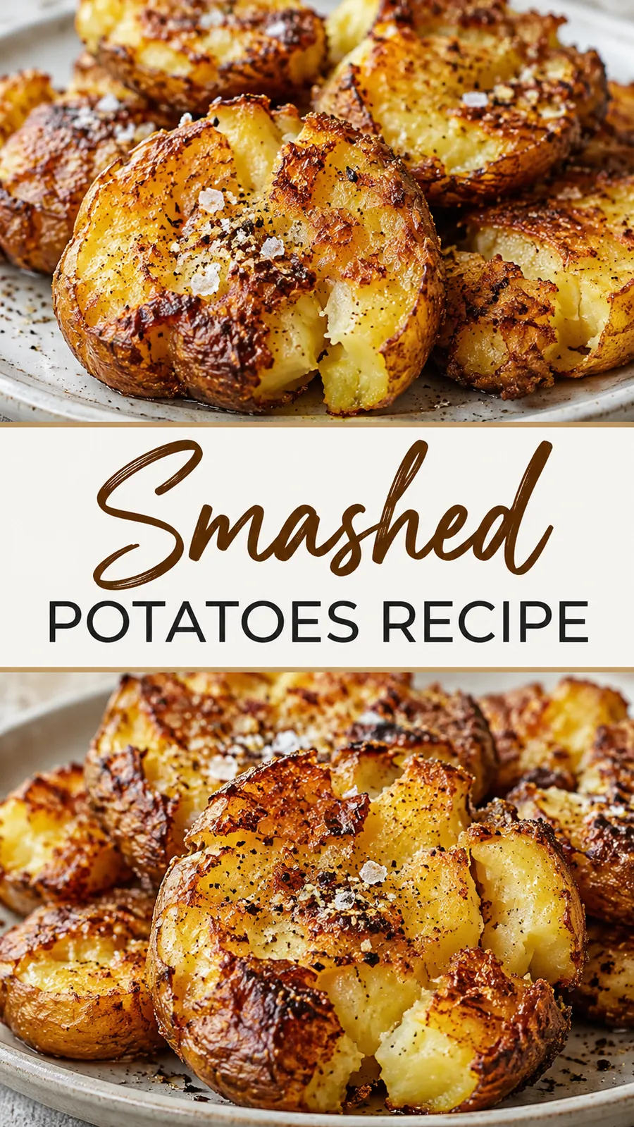 Pinterest image for Smashed Potatoes Recipe, with two photos of the recipe