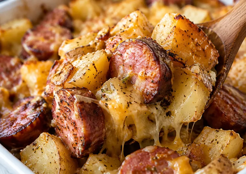 Smoked Sausage and Potato Bake Recipe, ready to serve
