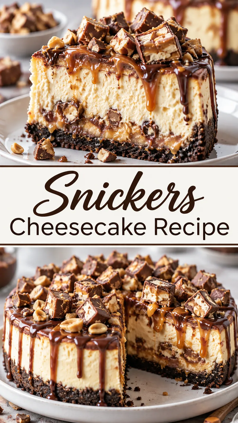 Pinterest image for Snickers Cheesecake Recipe, with two photos of the recipe