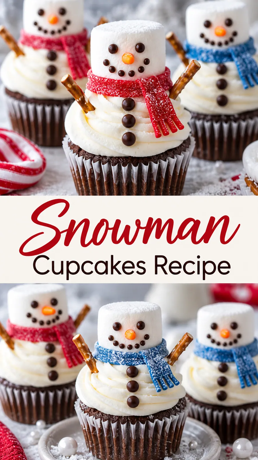 Pinterest image for Snowman Cupcakes Recipe, with two photos of the recipe