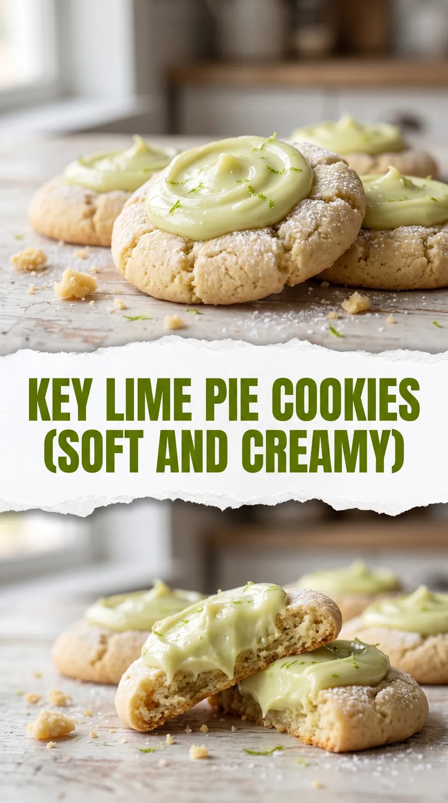 Pinterest image for Soft and Creamy Key Lime Pie Cookies Recipe, with two photos of the recipe