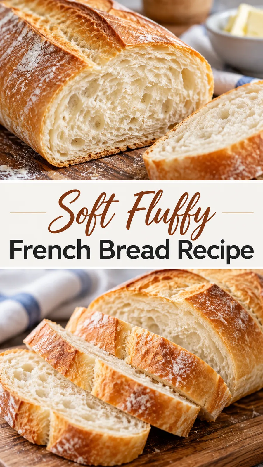 Pinterest image for Soft Fluffy French Bread Recipe, with two photos of the recipe