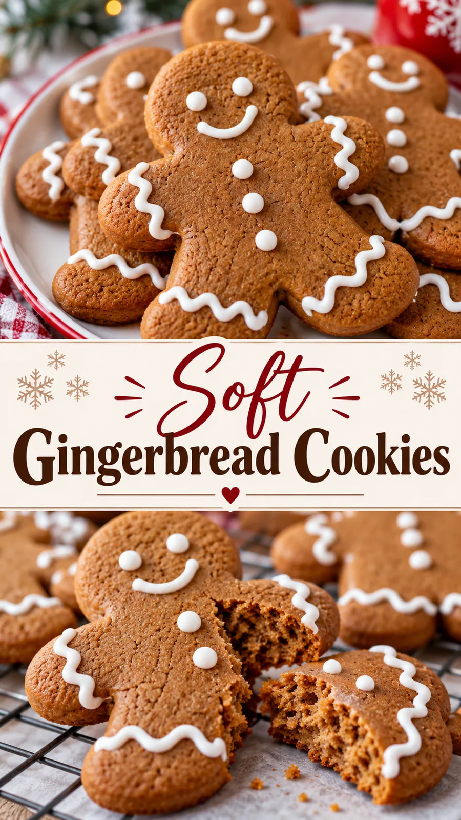 Pinterest image for Soft Gingerbread Cookies, with two photos of the recipe