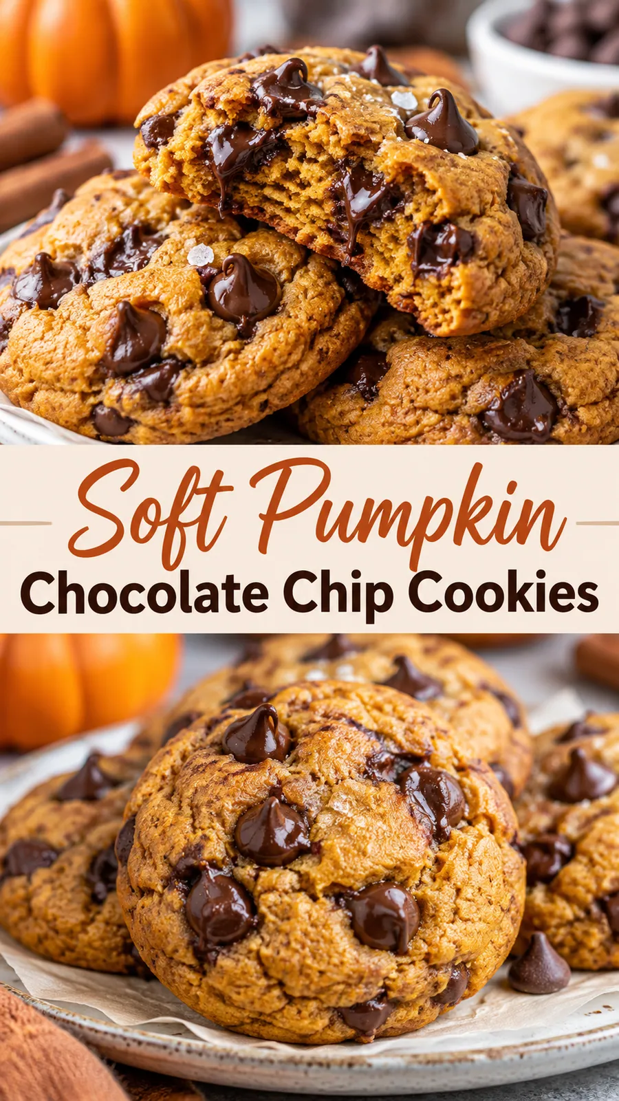 Pinterest image for Soft Pumpkin Chocolate Chip Cookies, with two photos of the recipe