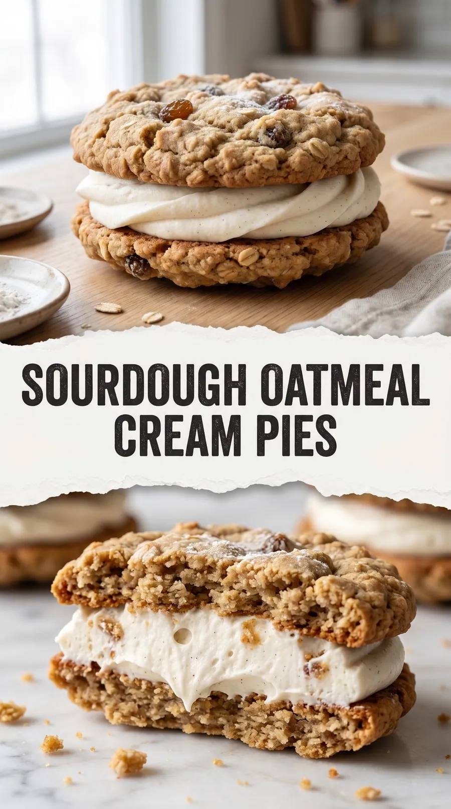 Pinterest image for Sourdough Oatmeal Cream Pie Recipe, with two photos of the recipe