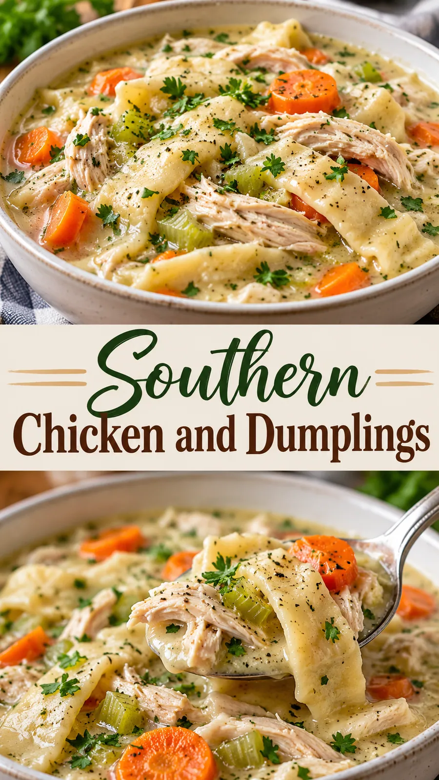 Pinterest image for Southern Chicken and Dumplings, with two photos of the recipe