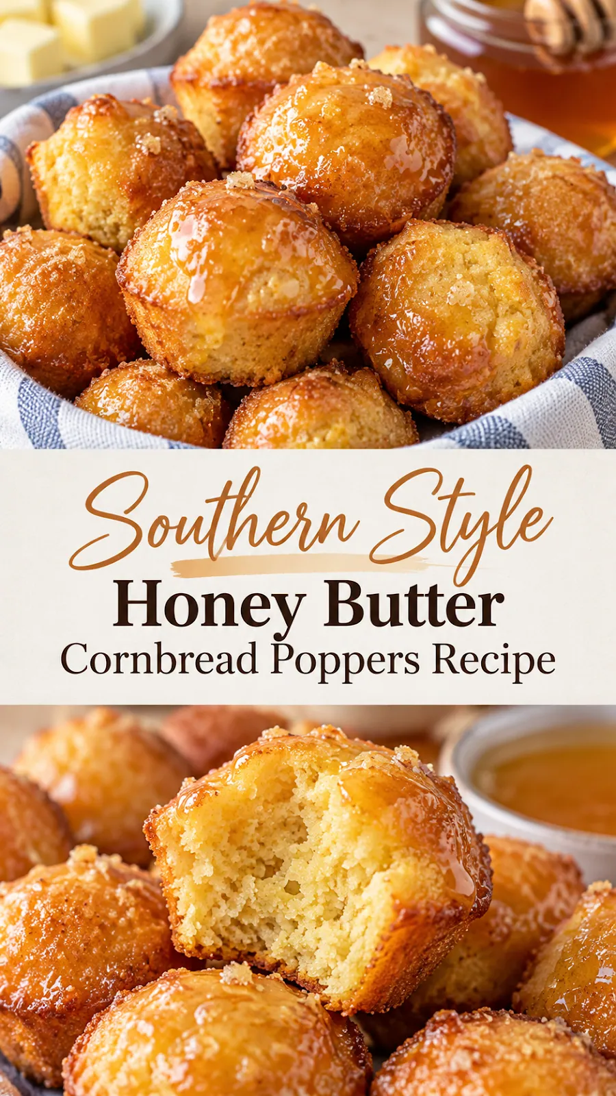 Pinterest image for Southern Style Honey Butter Cornbread Poppers Recipe, with two photos of the recipe