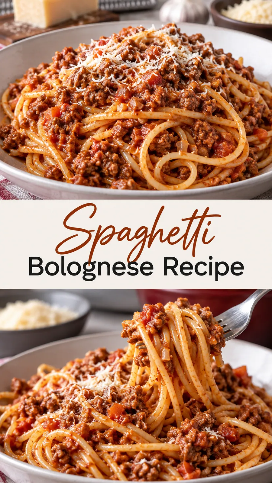 Pinterest image for Spaghetti Bolognese Recipe, with two photos of the recipe