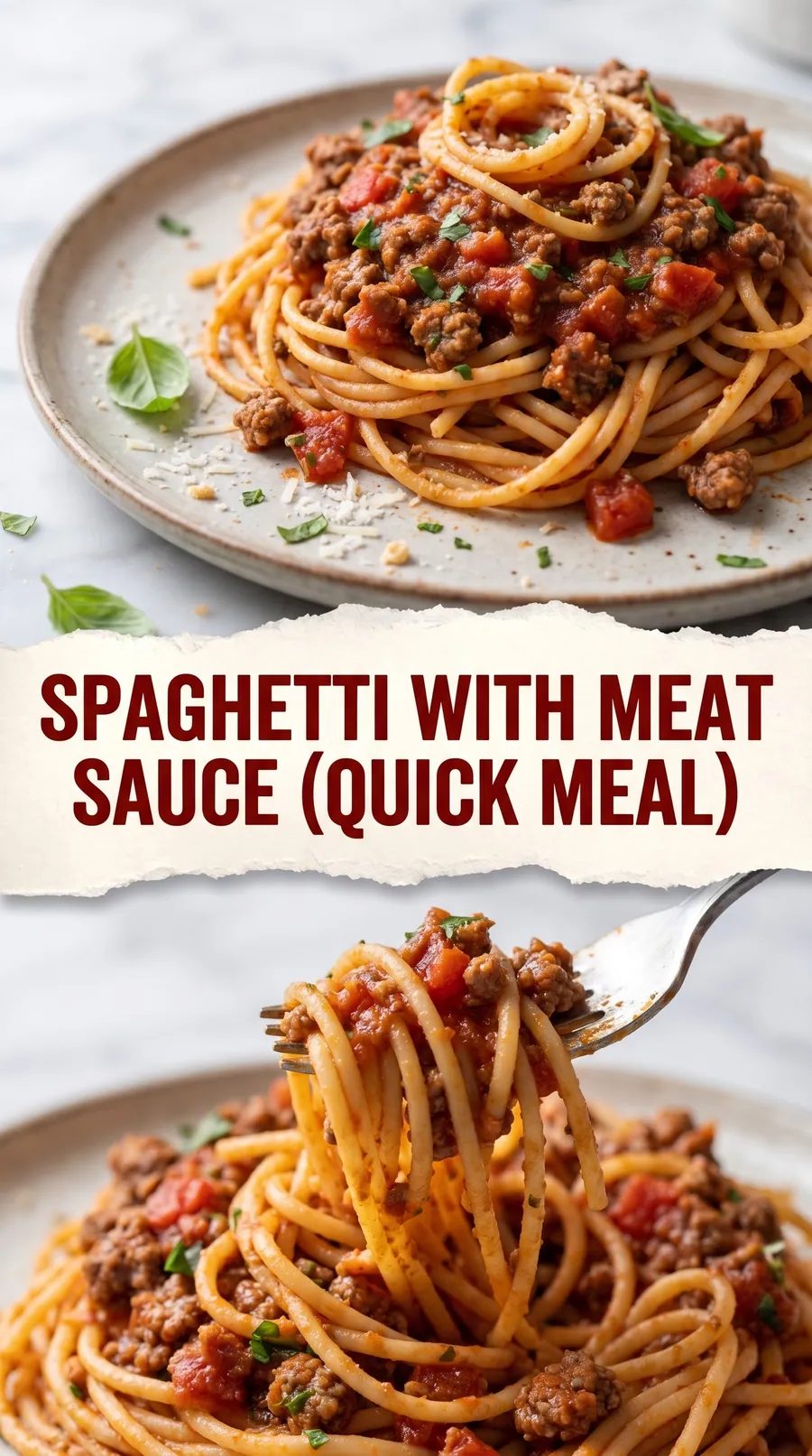 Pinterest image for Spaghetti With Meat Sauce Recipe, with two photos of the recipe
