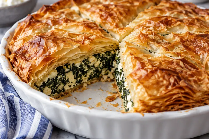 Spanakopita Greek Spinach and Feta Pie, ready to serve