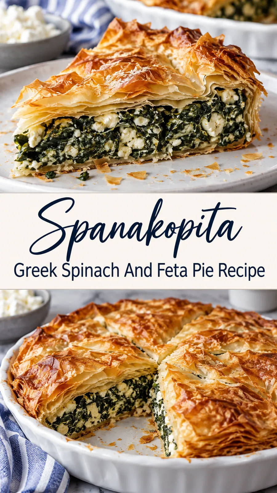Pinterest image for Spanakopita Greek Spinach And Feta Pie Recipe, with two photos of the recipe