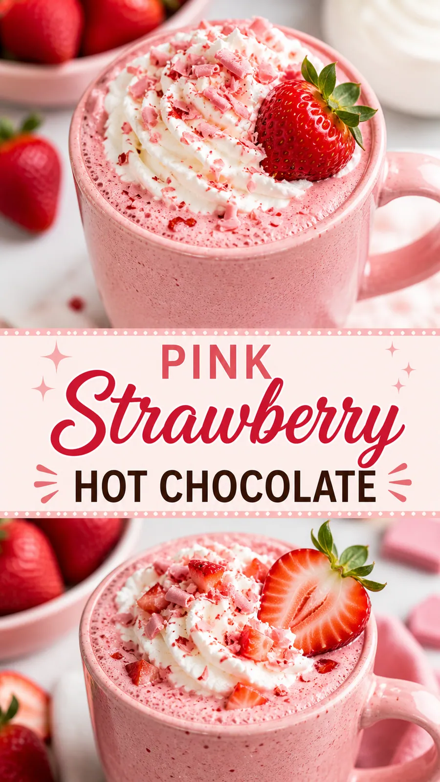 Pinterest image for Special Pink Strawberry Hot Chocolate Recipe, with two photos of the recipe