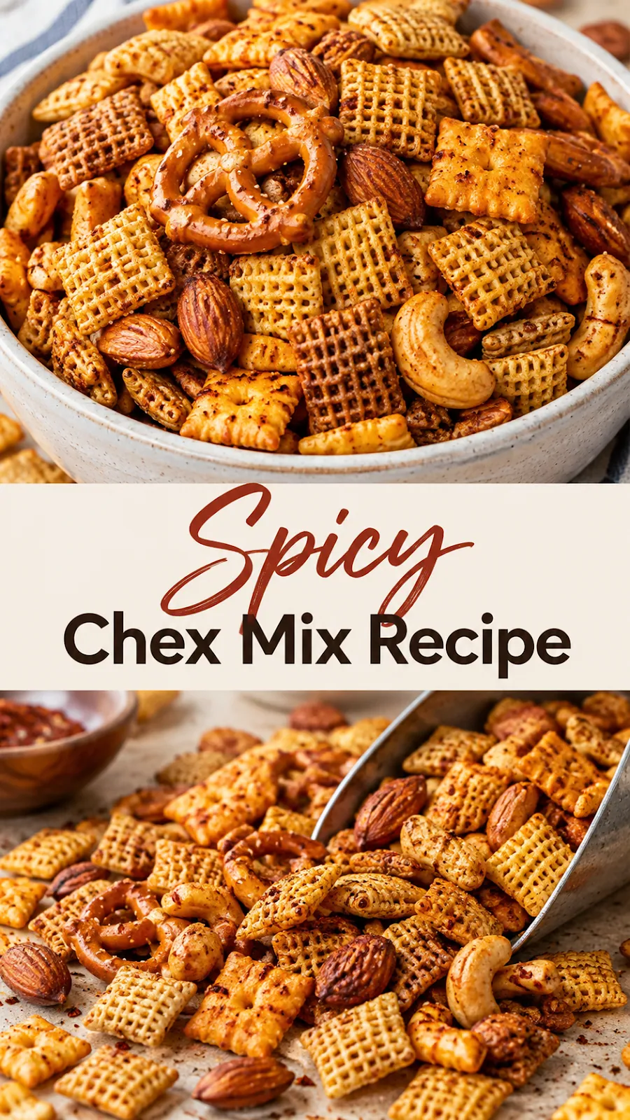 Pinterest image for Spicy Chex Mix Recipe, with two photos of the recipe