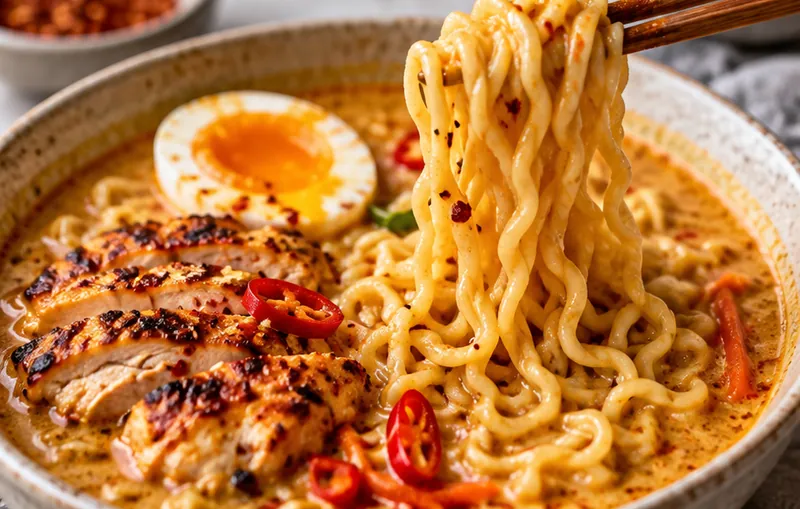 Spicy Coconut Curry Ramen, ready to serve