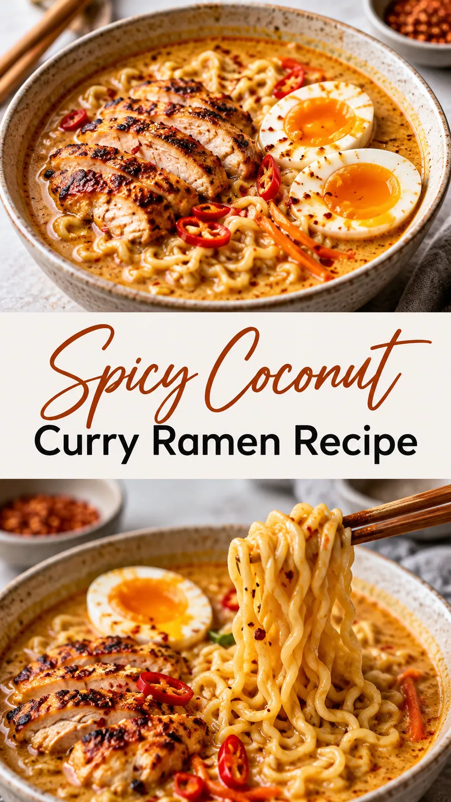 Pinterest image for Spicy Coconut Curry Ramen Recipe, with two photos of the recipe